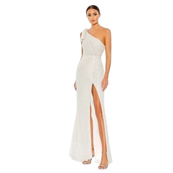Mac Duggal Ivory One-Shoulder Beaded Evening Gown Thigh Slit Modern Glam 8 NWT - Picture 2 of 8